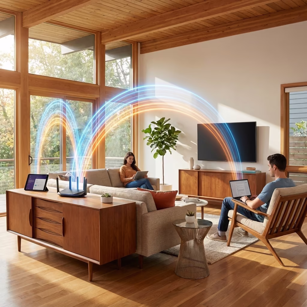 A Wi-Fi router with a red warning light, indicating a network problem