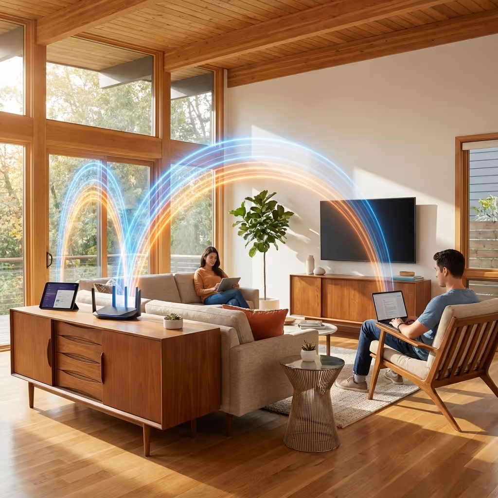 A Wi-Fi router with a red warning light, indicating a network problem