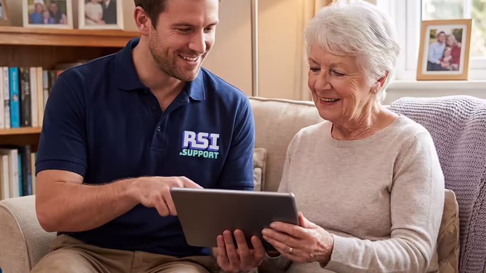 A smiling senior woman using a tablet to video chat with her family