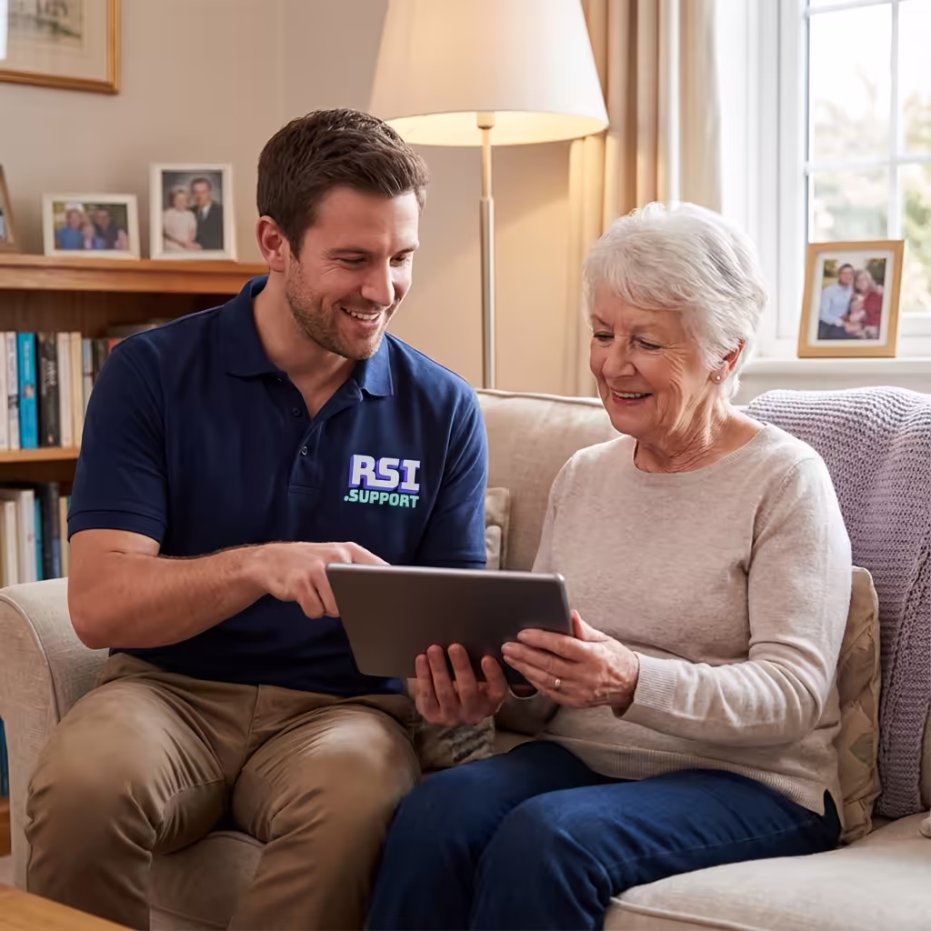 A smiling senior woman using a tablet to video chat with her family