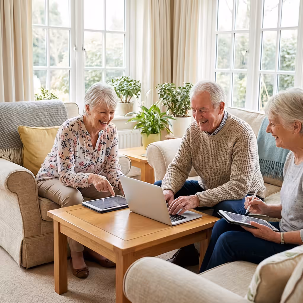 A smiling senior woman using a tablet to video chat with her family
